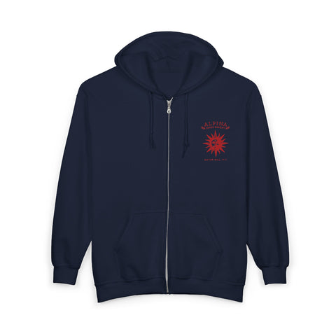 Zip Hoodie — Red Distressed Sun Graphic “Always Keep the Faith”