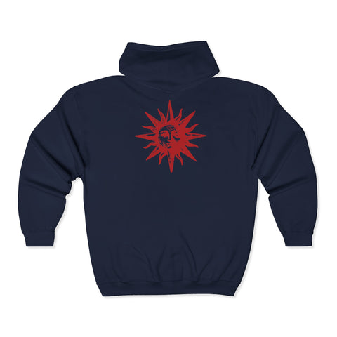 Zip Hoodie — Red Distressed Sun Graphic “Always Keep the Faith”