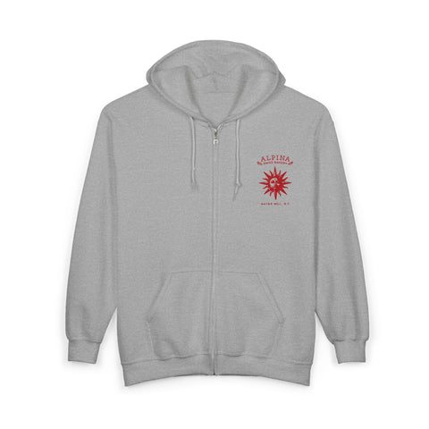 Zip Hoodie — Red Distressed Sun Graphic “Always Keep the Faith”
