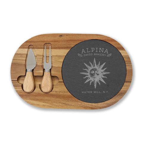 Engraved Acacia Charcuterie Board with Slate Inset & Cheese Tools