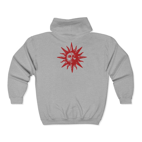 Zip Hoodie — Red Distressed Sun Graphic “Always Keep the Faith”